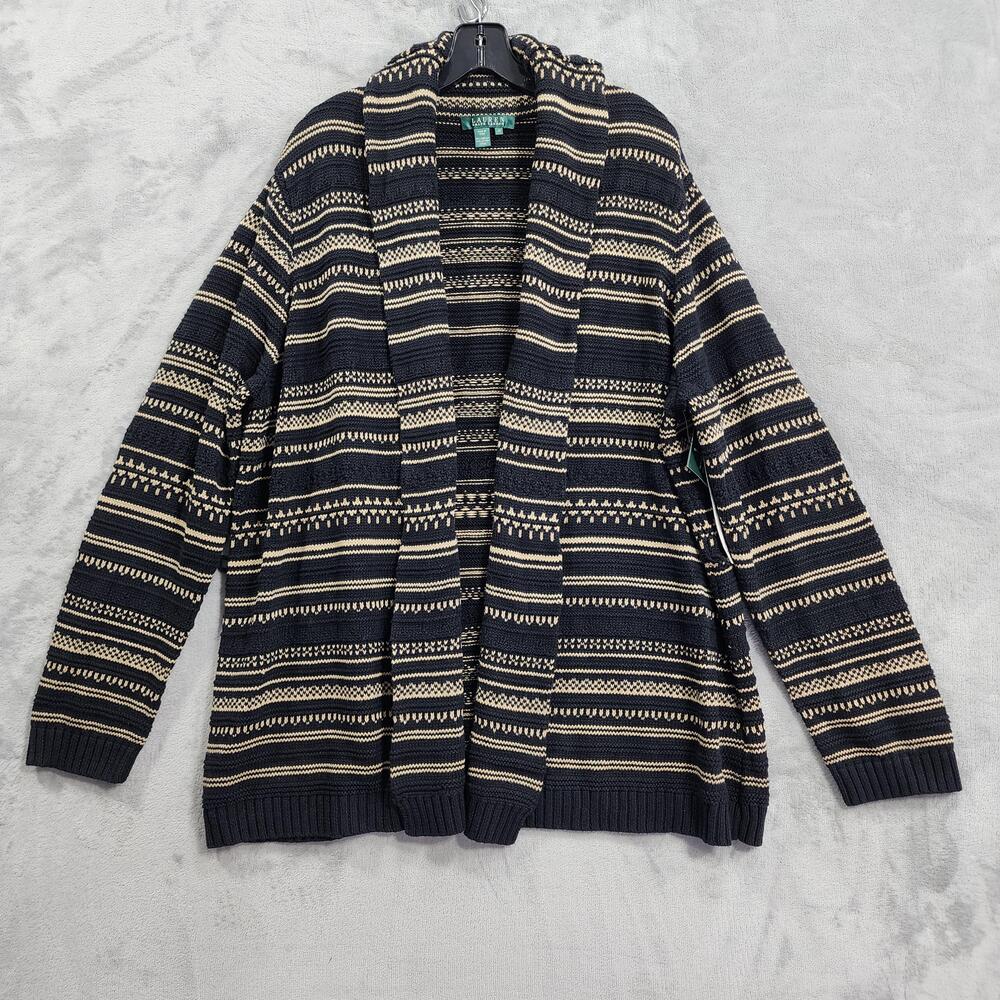 NEW Ralph Lauren Cardigan Sweater Women 2X Black Stripe Linen Blend Shawl Collar